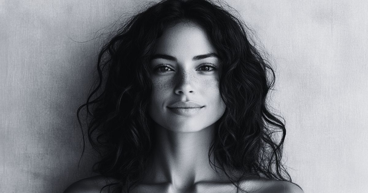 Blog 4 Black-and-white portrait of a young woman with curly hair and smooth, youthful skin.